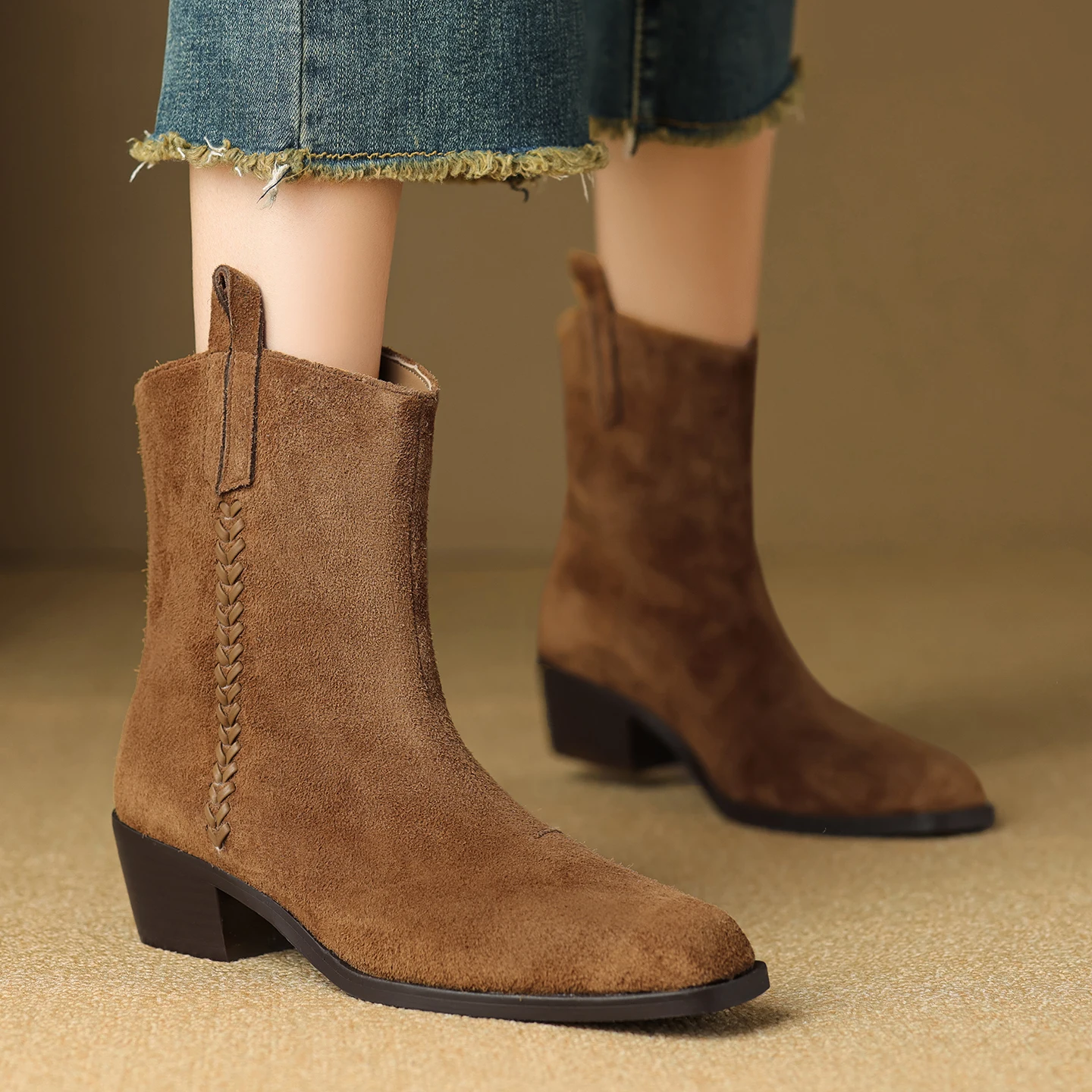 

Autumn Cow Suede Ankle Boots for Women Elegant Brown Square Toe Woman Boots Chic Back Zipper Show Boots Ladies Casual Boot Shoes