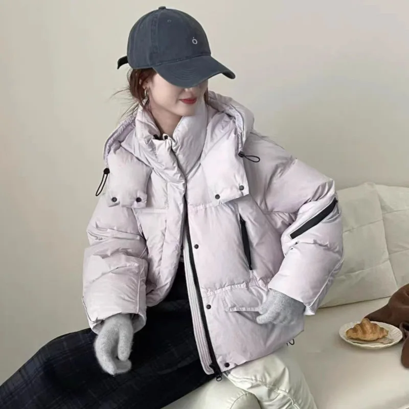 เสื้อแจ็คเก็ตขนเป็ดผู้หญิงแบบใหม่ ฤดูใบไม้ร่วง/ฤดูหนาว ปี 2025  แบบมีฮู้ด สไตล์ลำลอง  ให้ความอบอุ่น  แบบสั้น