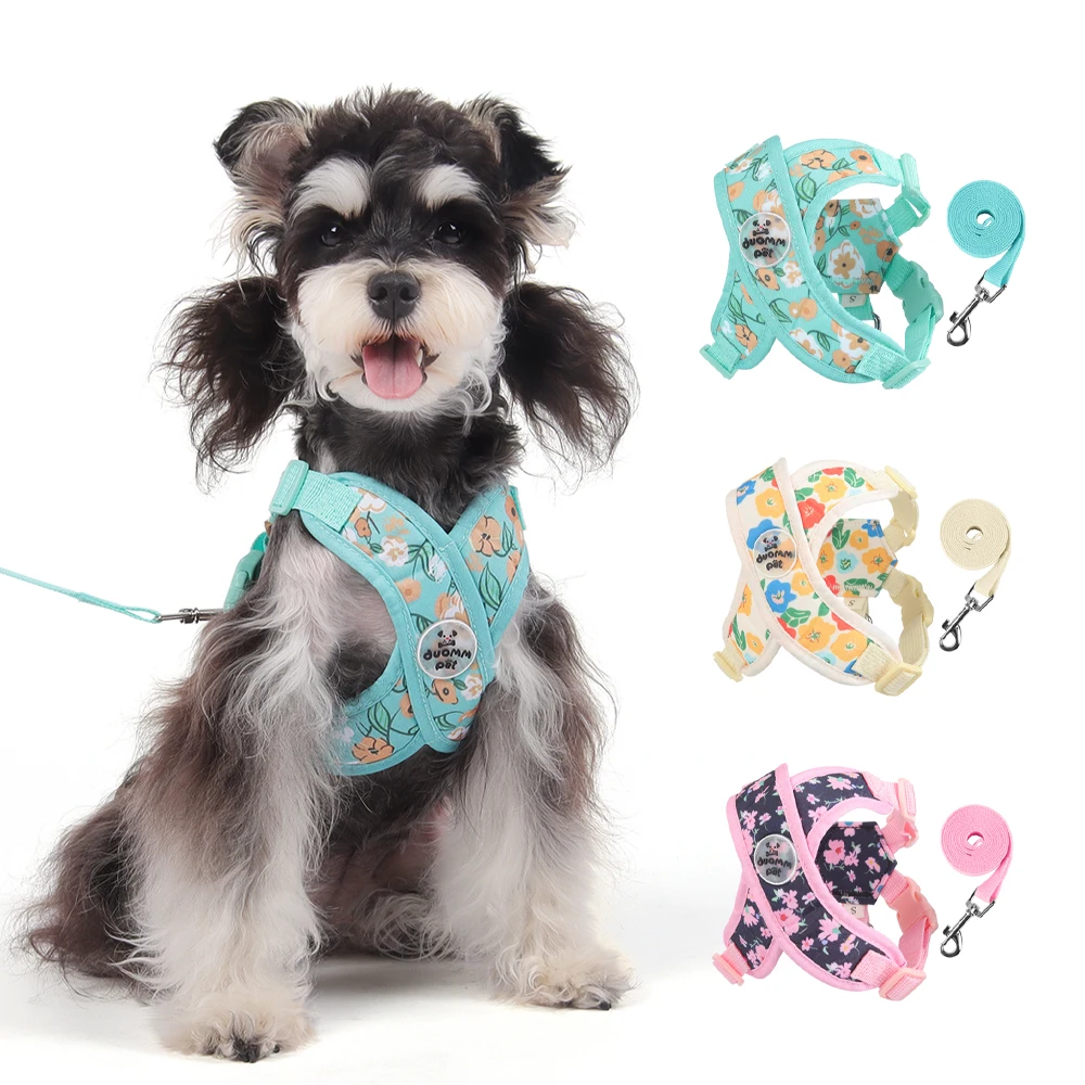 Arnés para caminar para perros pequeños, correa Schnauzer para mascotas en forma de X, transpirable, Floral, a prueba de Escape, arnés para perros Bichon Frise de plomo suave