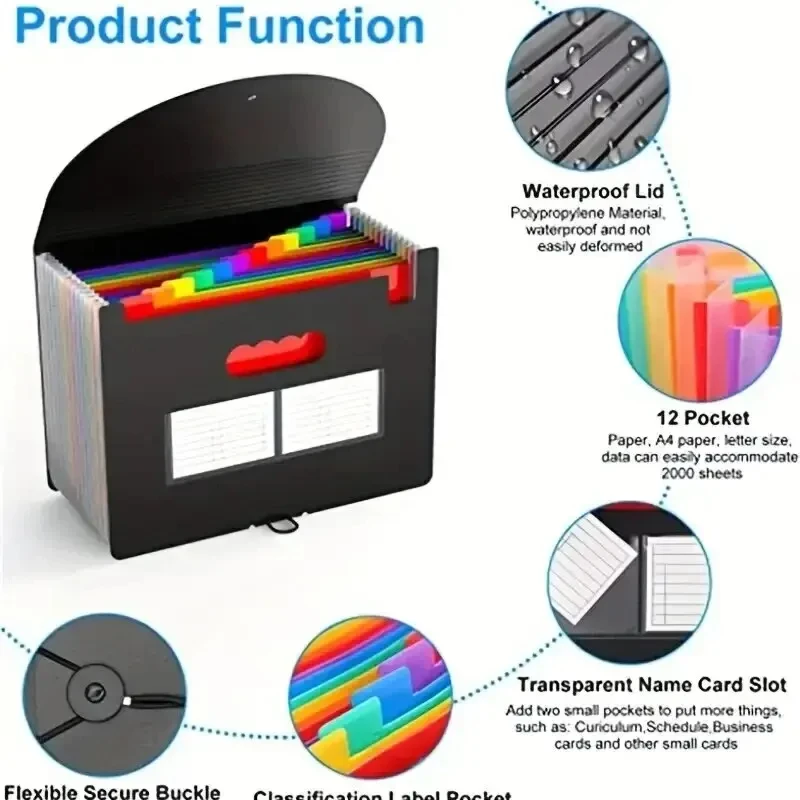 NewA4 12‑Pocket Expanding File Folder Portable Accordion‑Style Document Organizer Large‑Capacity Filing Holder for Office School