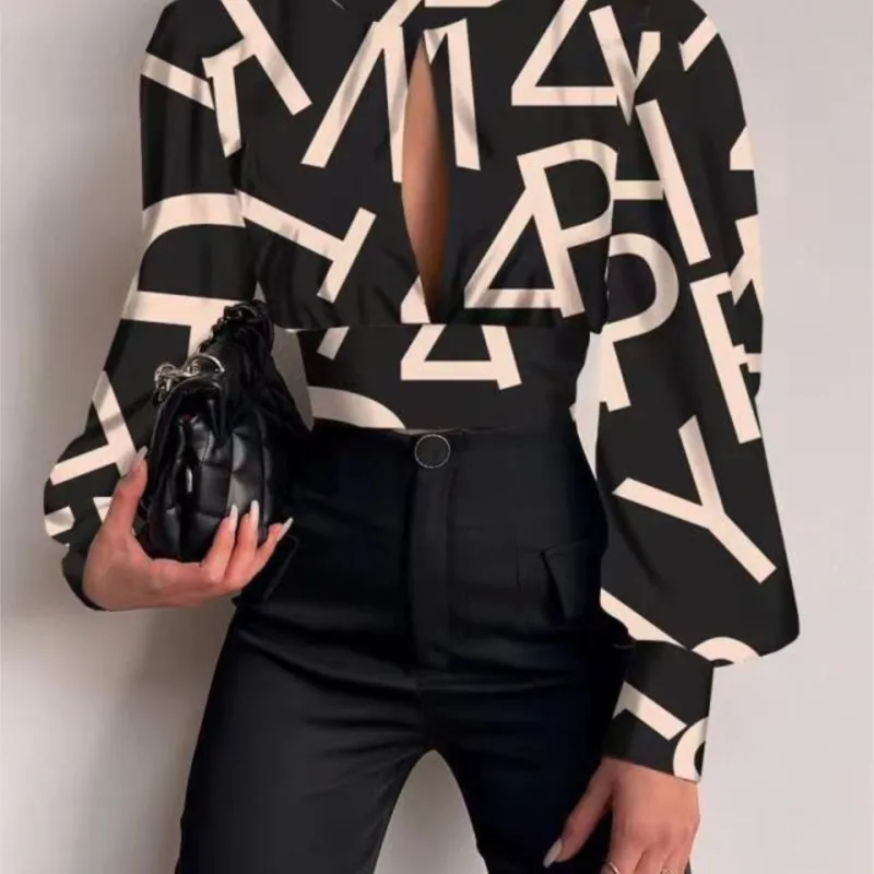 เสื้อครอปแฟชั่นสำหรับผู้หญิง สไตล์เซ็กซี่ โชว์หลัง ลายพิมพ์ แขนยาว ทรงลำลอง เหมาะสำหรับใส่ทำงานหรือไปงานปาร์ตี้