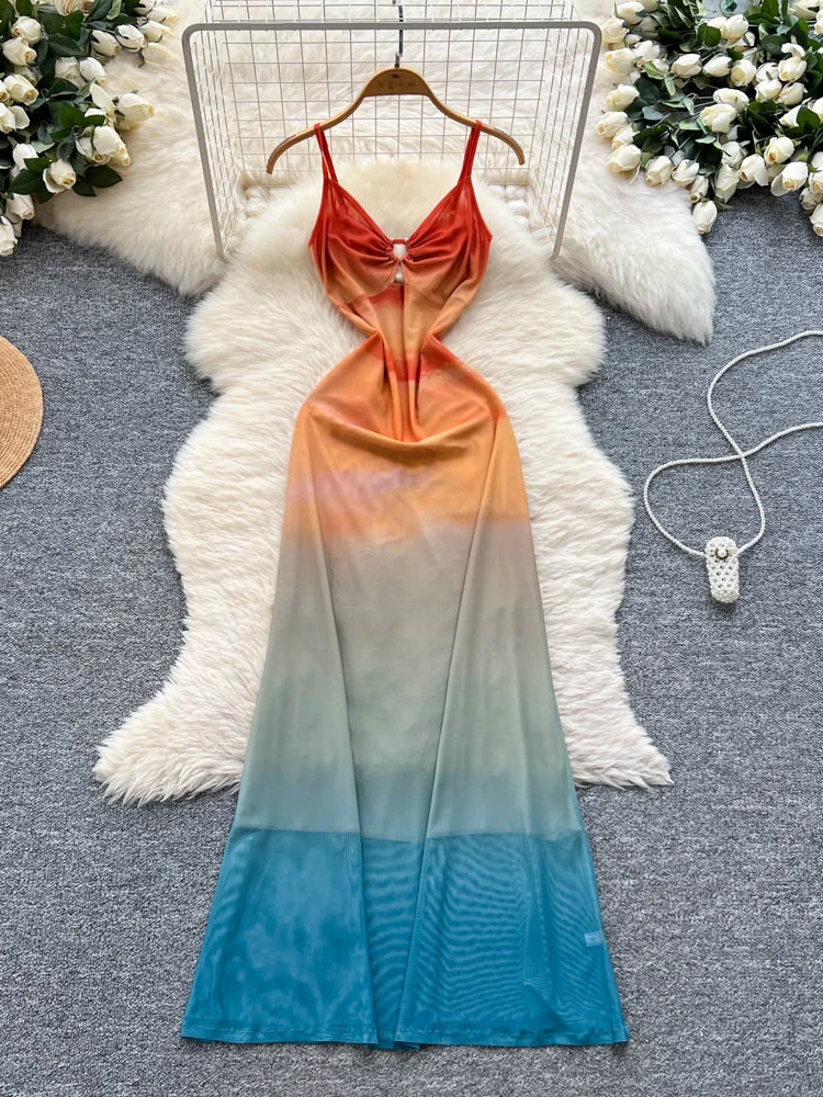 Beach Vaion Sle Femme Été Dr Strap Évider Métal Bleu Taille Cinched adient Couleur Jupe Longue Taille Haute A-...