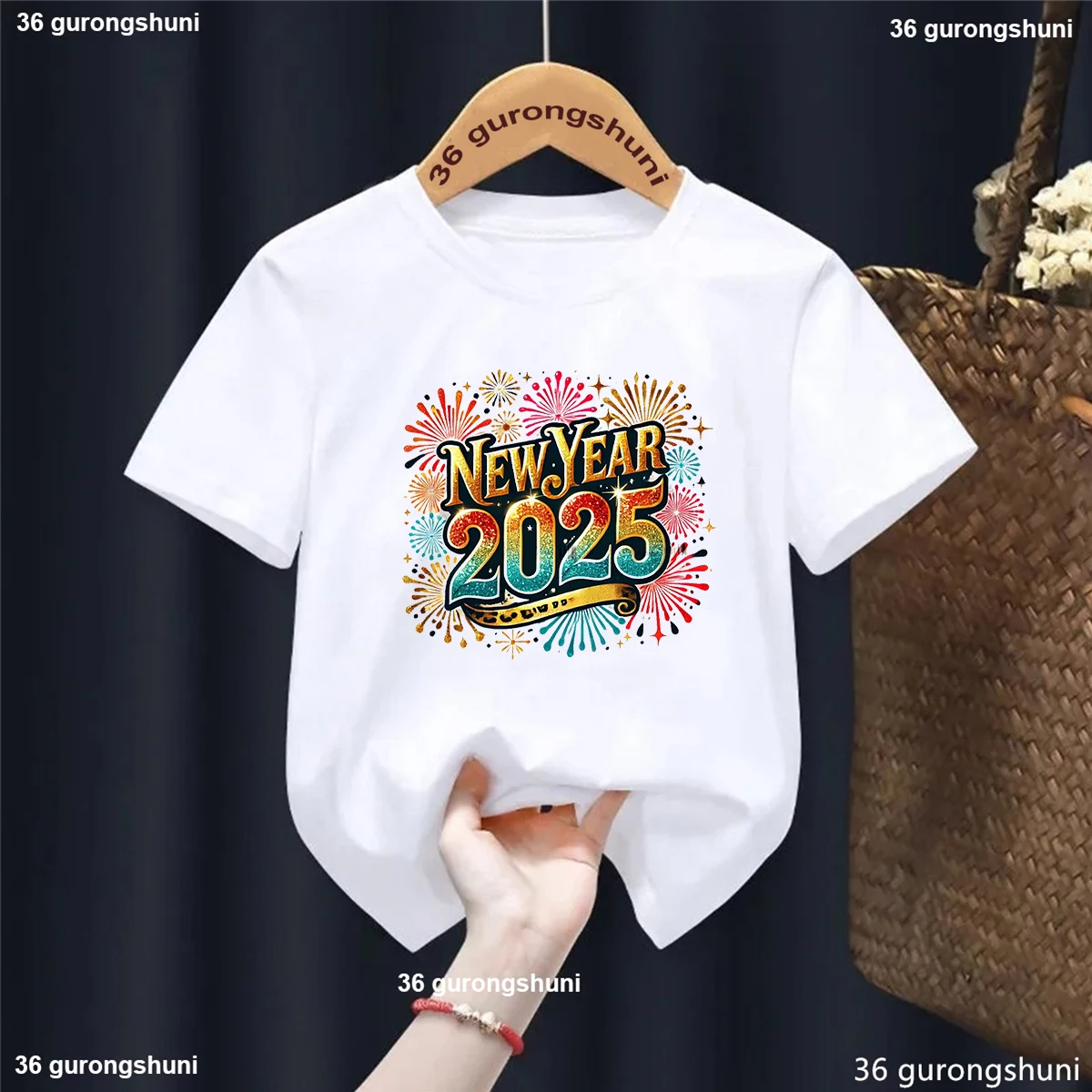 

Hello 2025 Happy New Year Print Kids T-Shirts Short Sleeve Childs Tees Shirt Round Neck Boys/Girls Tee New Years Child Clothing