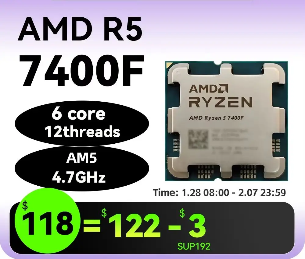 New AMD Ryzen 5 7400F CPU 3.7GHz 5NM R5 7400F 6 cores 12 threads L3=32M Socket AM5 Processor For B650 B650M Motherboard Ram Kit