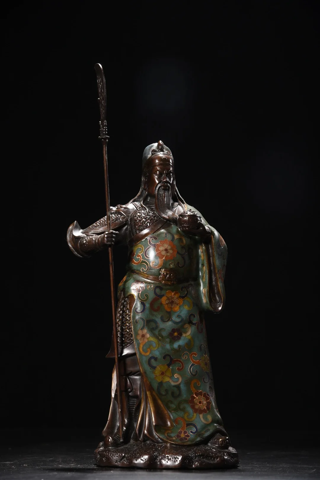 

11"Tibetan Temple Collection Old Bronze Cloisonne Enamel Guan Yu Guan Yunchang God of Wealth Knife Buddha statue Town house