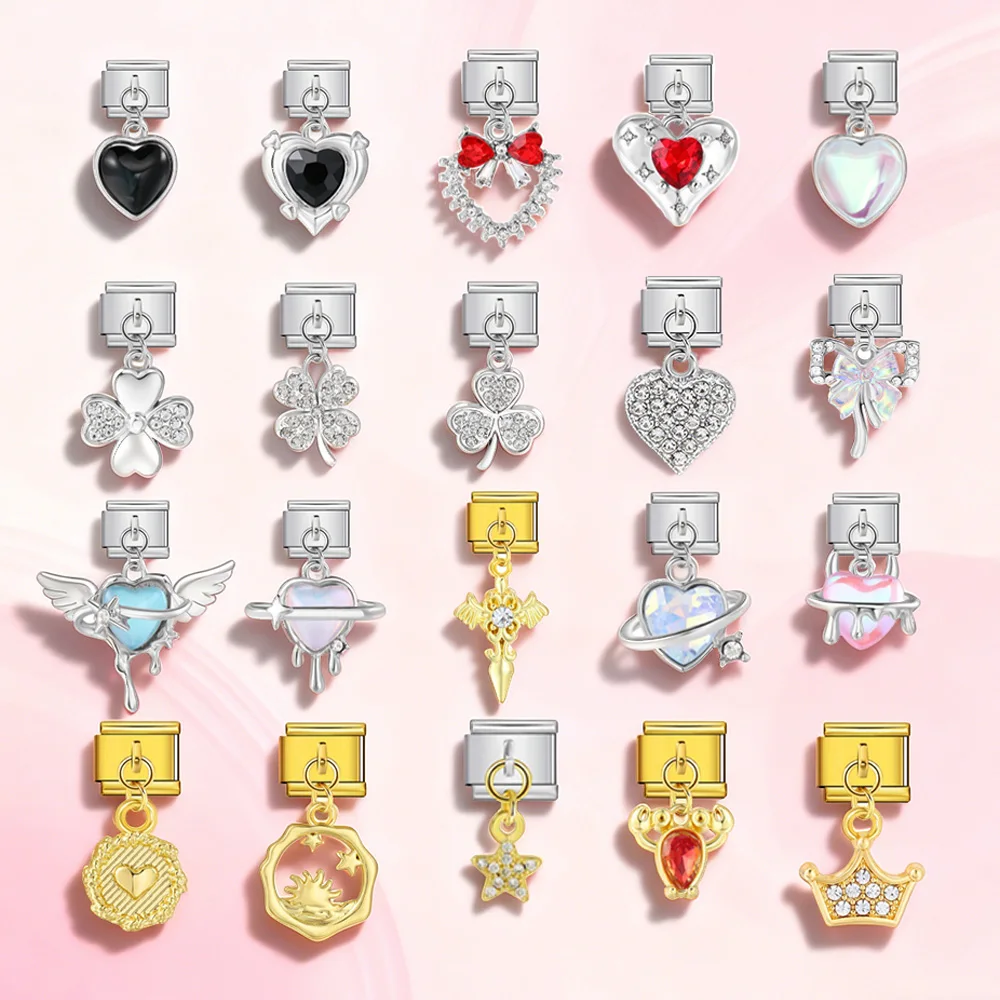 URING-Colgante con alas de Ángel, corona de hierba de la suerte, lazo, enlace italiano apto para joyería de acero inoxidable de 9mm, fabricación de pulseras de moda DIY