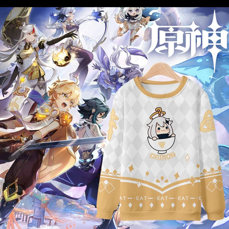 

Genshin Impact Cartoon Peripheral Round Neck Sweater Kerry Carve Qing Paimeng Impression Long Sleeve T-shirt anime Clothes Coat