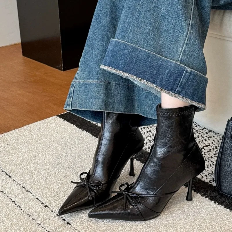 Skinny High-heeled Boots for Women in Europe and The United States 2025 Autumn and Winter New Pointed Bow Boots