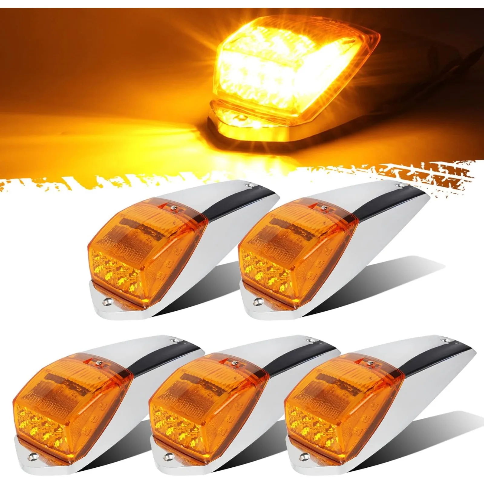 US  5PCS Truck Cab Marker Light 17 LED Amber Top Roof Running Lights w/Chrome Base Truck Trailer Light Replacement for Peterbilt