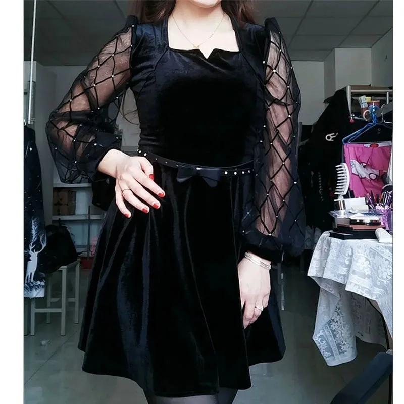 Czarna aksamitna sukienka z kwadratowym dekoltem dla kobiet Wiosna Nowa kolekcja Sukienka z długim rękawem w kształcie litery A dla kobiet