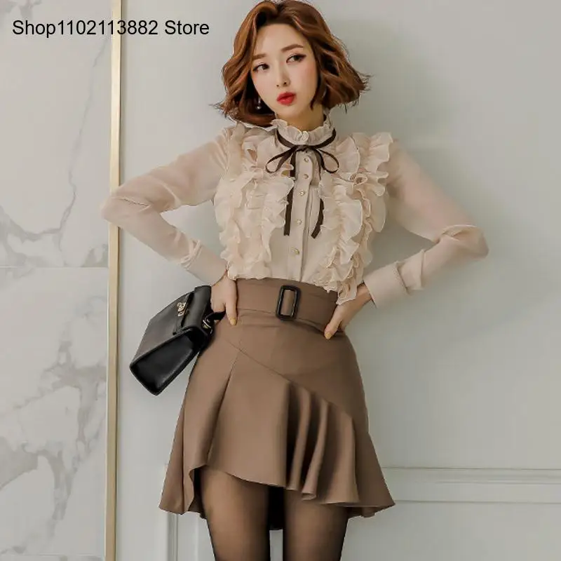 Spring and Autumn Set Elegant Standing Collar Perspective Shirt+Two Piece Ruffle Half Length Skirt Set