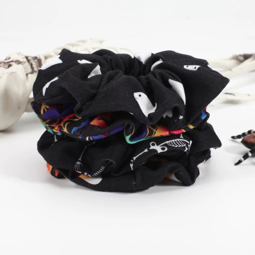 ID:1005005578254225 Ghost Skull, Pumpkin, Spider Web, Bat Pattern Halloween Hair Scrunchies Hair Ties Band