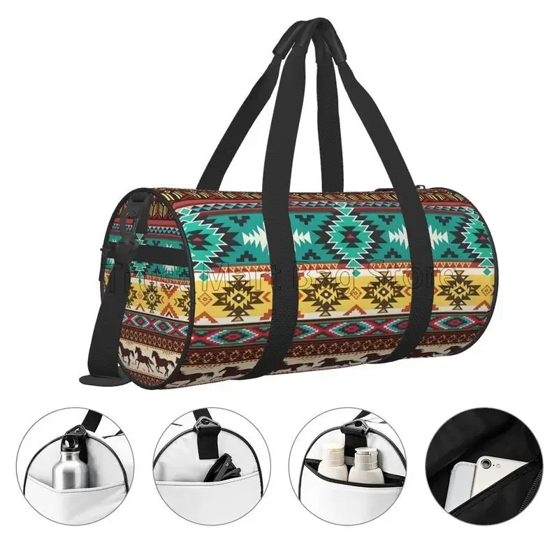 Navajo Horse Aztec Travel Duffel Bag Weekender Overnight Bags Portable Waterproof Carry-On Luggage Bag for Yoga Gym Sports