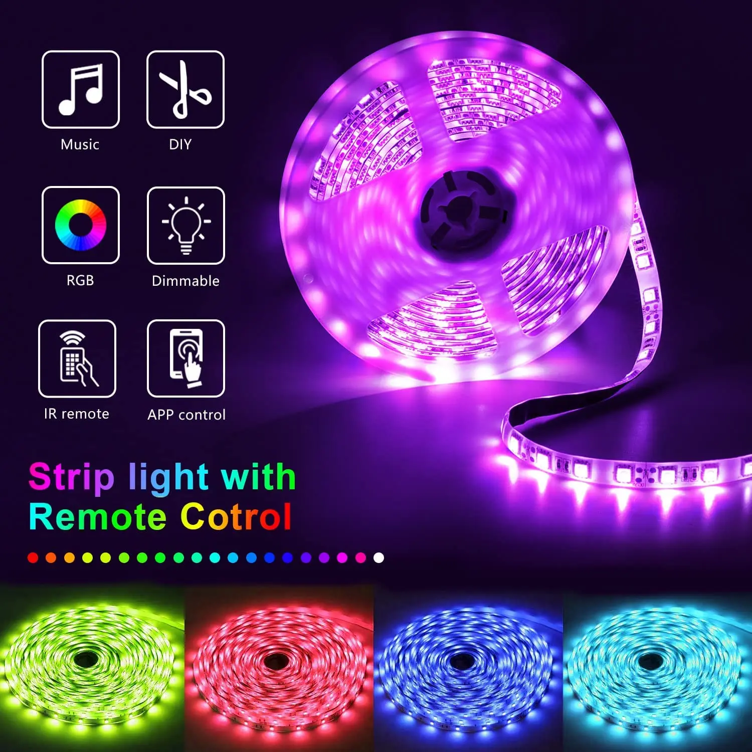 RGB 5050 LED Strip Light, 12V 30LEDS/M DIY Tape APP/Remote Control Color Change Flexible Ribbon Music Sync, Timer for Room Gift