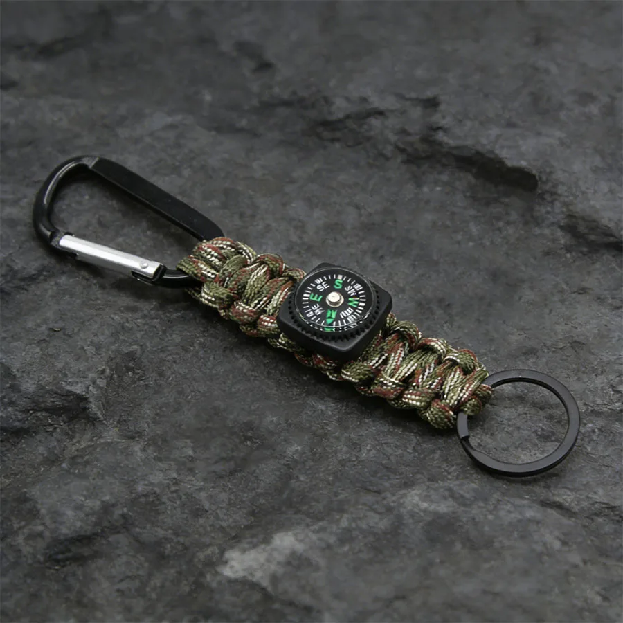 Paracord Keychain with Compass Carabiner Survival Rope Key Ring Outdoor Tactical Gear Bag Backpack Hanging Accessories