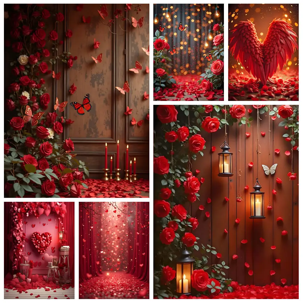 

Valentine's Day Backdrop Photography Red Rose Love Heart Dreamy Angel Wing Butterfly Flower Wedding Party Photo Background Decor