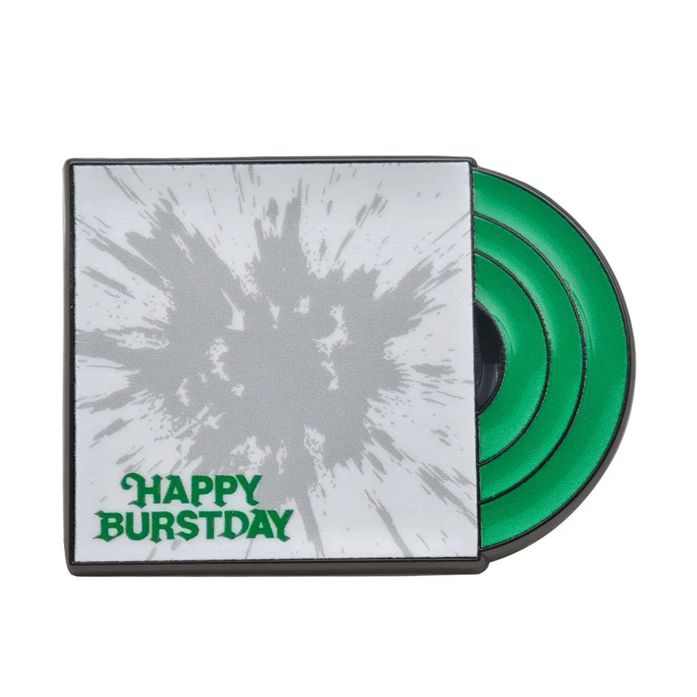 Happy Burstday Brooch Funny Birthday Gift Metal Lapel Pin Grey Ink Splash Green Vinyl Record Badge Creative Jewelry for Fans Fri