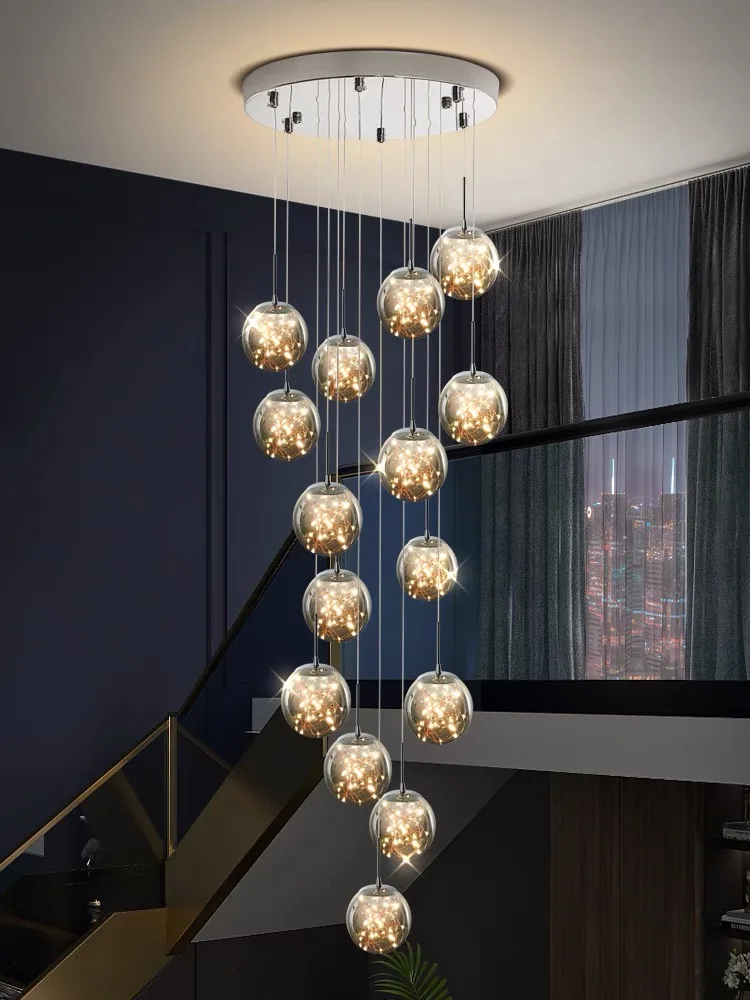 Modern Gypsophila LED Chandelier Glass Ball Lampshade Pendant Lights For Staircase Duplex Villa Loft Living Room LED String Lamp