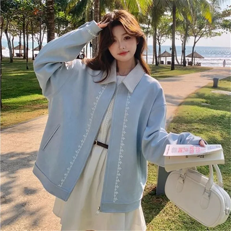 

Korean Blue Suede Coat Women's 2025 Spring Autumn New Long-sleeved Jacket Loose College Style Outerwear Female