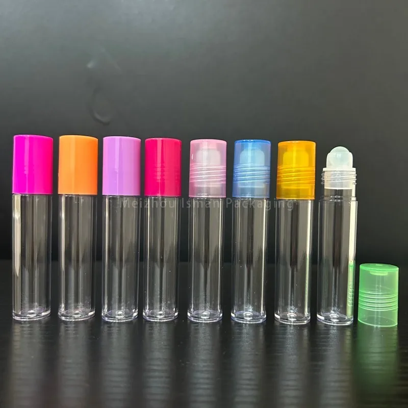 

50Pcs Clear Purple Pink Orange Green 7ml Round Lip Oil Container Roll on Bottle Cosmetic Custom Empty Lip Gloss Packaging Tubes