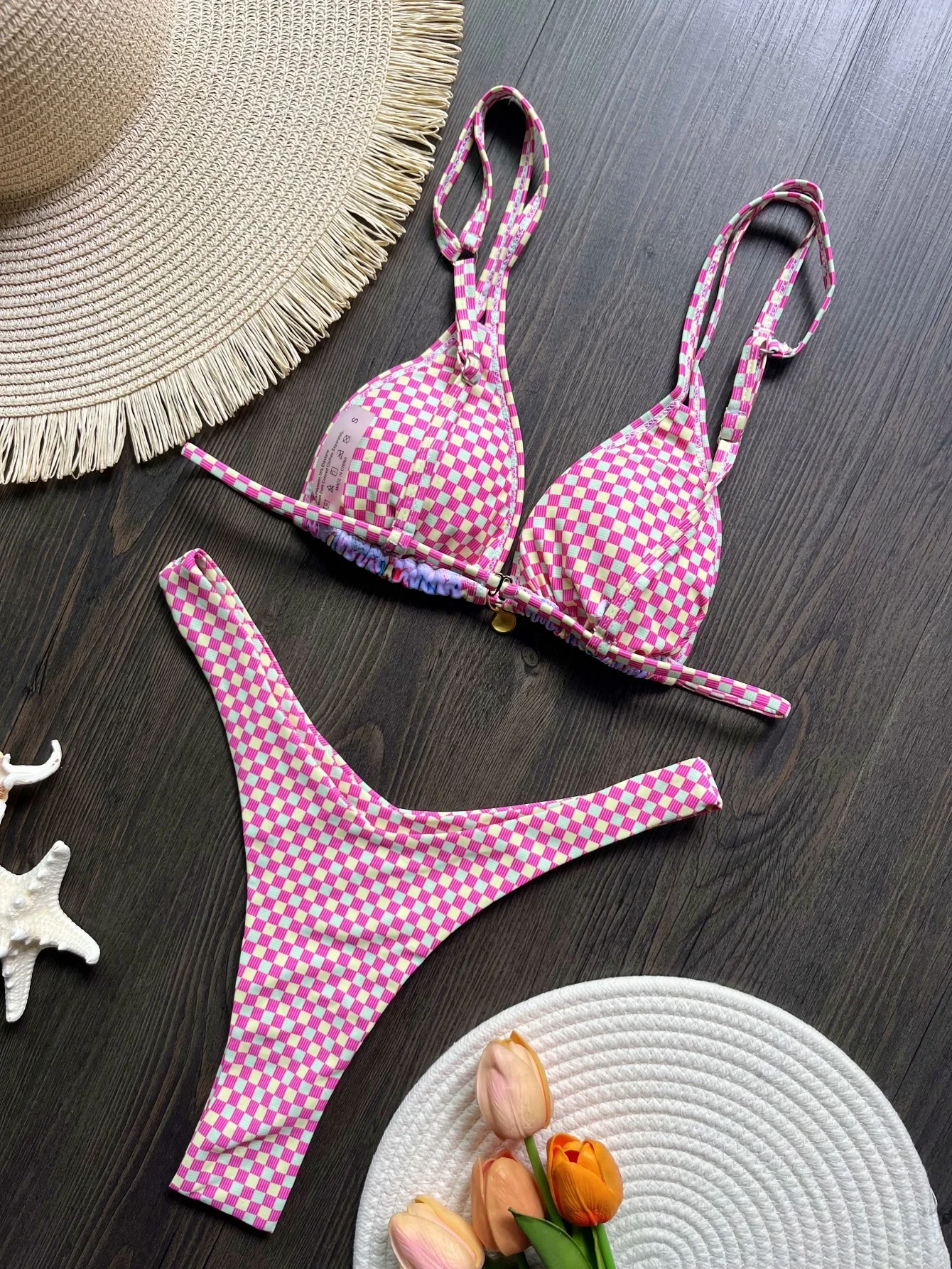 Plaid Printed Brazilian High Leg Cut Bikini Women Swimwear Female Swimsuit Two-pieces Bikini set Bather Bathing Suit Swim