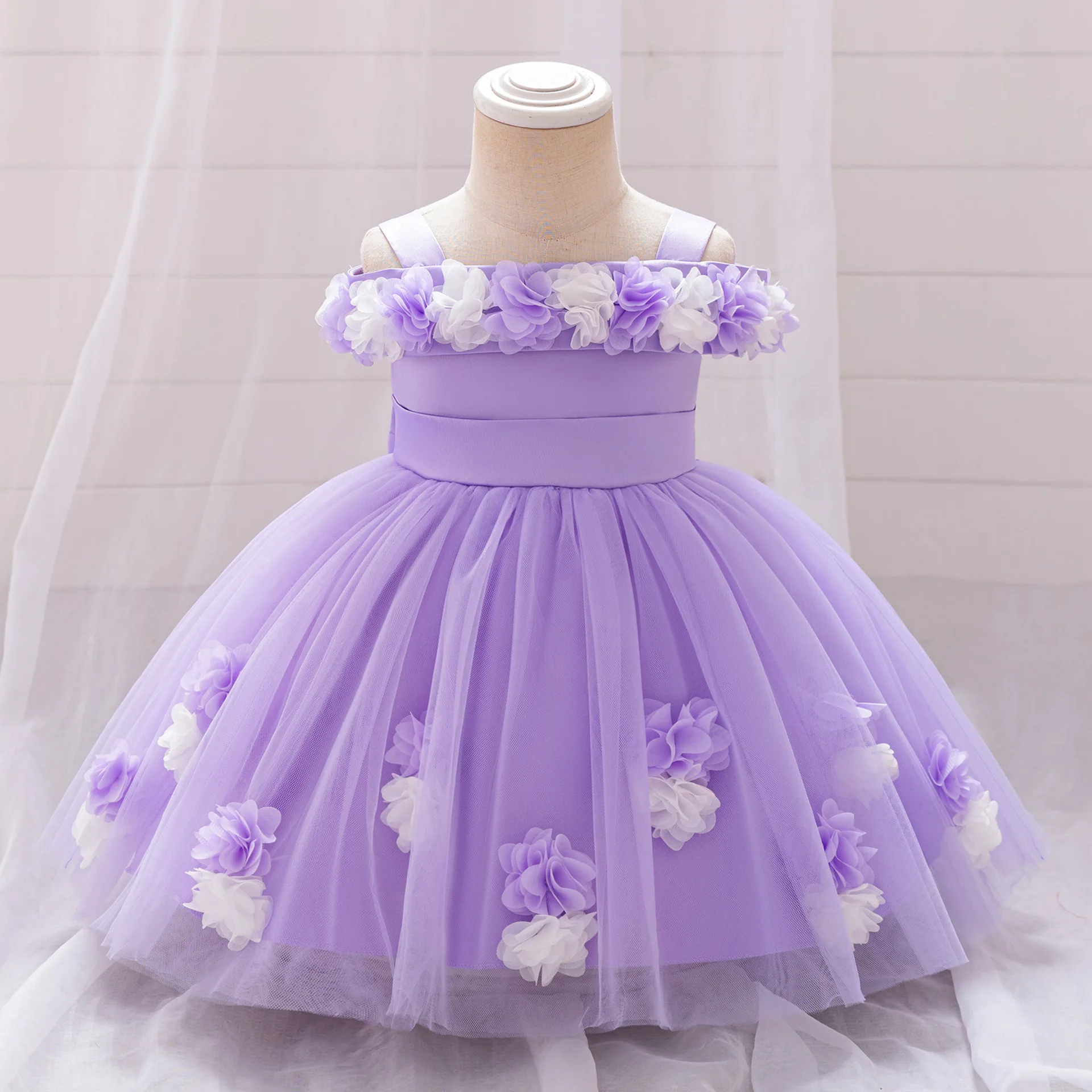 

Baby Toddler Off Shoulder 3D Flower Girl 1st Birthday Party Christmas Holiday Photography Dress