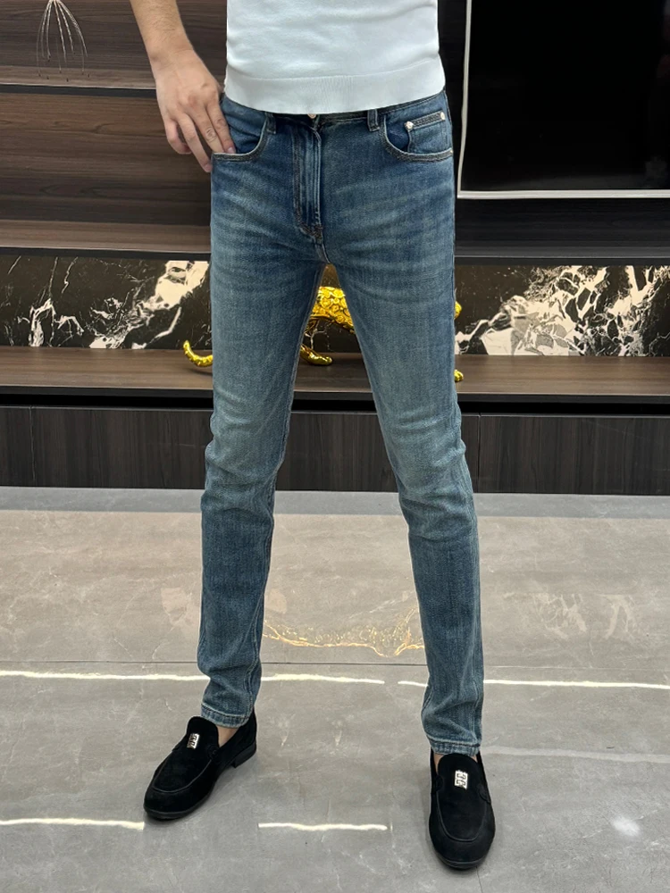 Blue Denim Jeans Men's Fashion Slim Fit Casual Ankle-Length Pants Simple Stylish Autumn New Arrival Polyester Cotton Lycra
