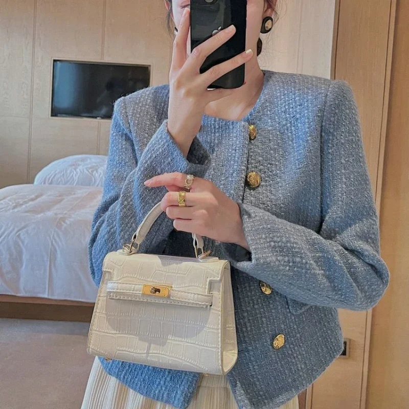 Giacca corta da donna Cappotto in misto lana tweed mezzo blu per donna Moda media 2025 Abbigliamento caldo in stile coreano di alta qualità