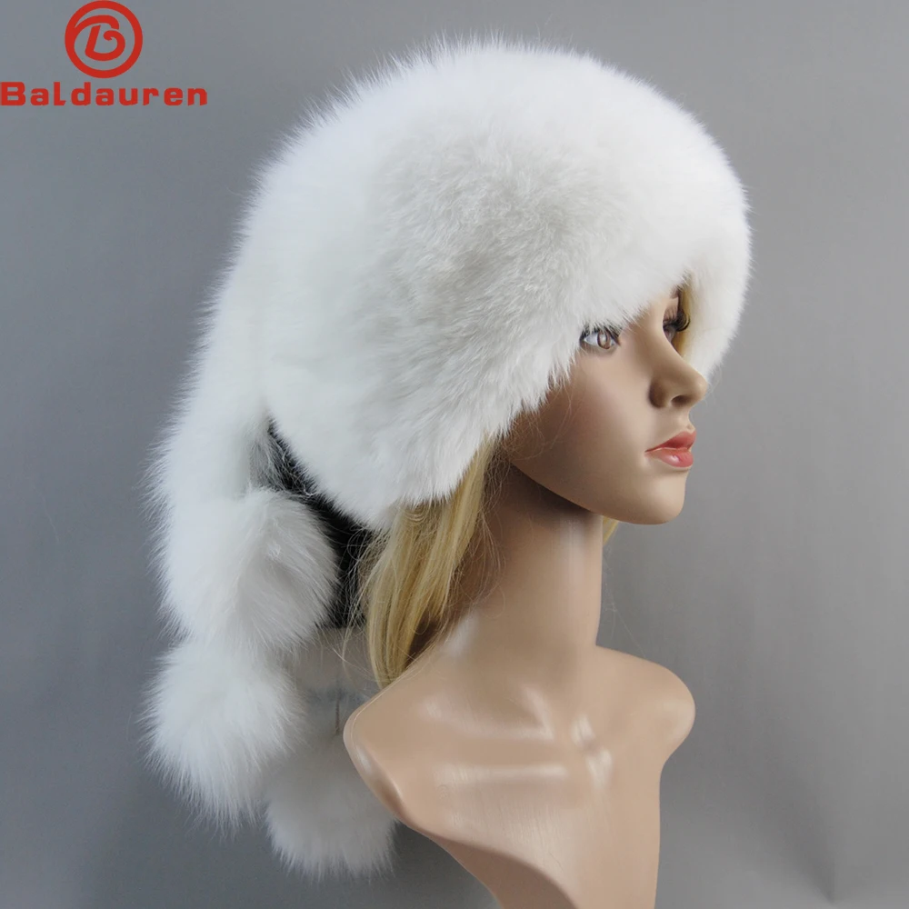 Luxury Women's Russian Ushanka Aviator Trapper Real Fox Fur Bomber Hat Fox Fur Hats Dome Mongolian Hat Natural Raccoon Fur Caps