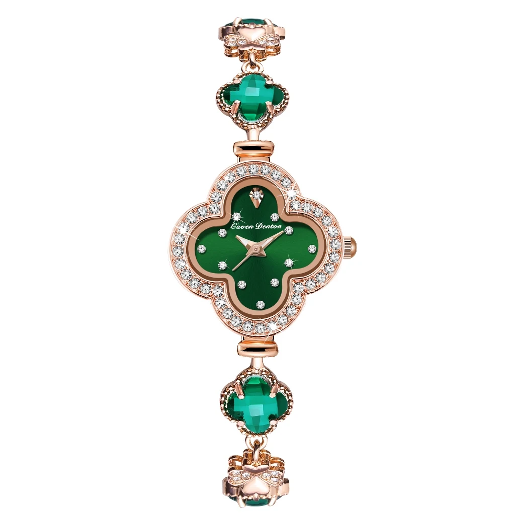 CAVEN DENTON Women's Clover Bracelet Quartz Watch Fashion Ladies Wristwatch Elegant Flower Dial Luminous Casual Jewelry Watch