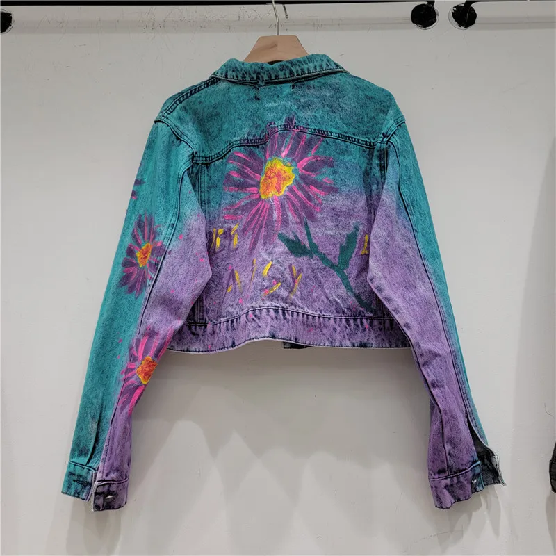 Streetwear Vintage Blue Graffiti Print Big Pocket Denim Jacket Women Loose Short Cowboy Outerwear Casual Jeans Jackets Female