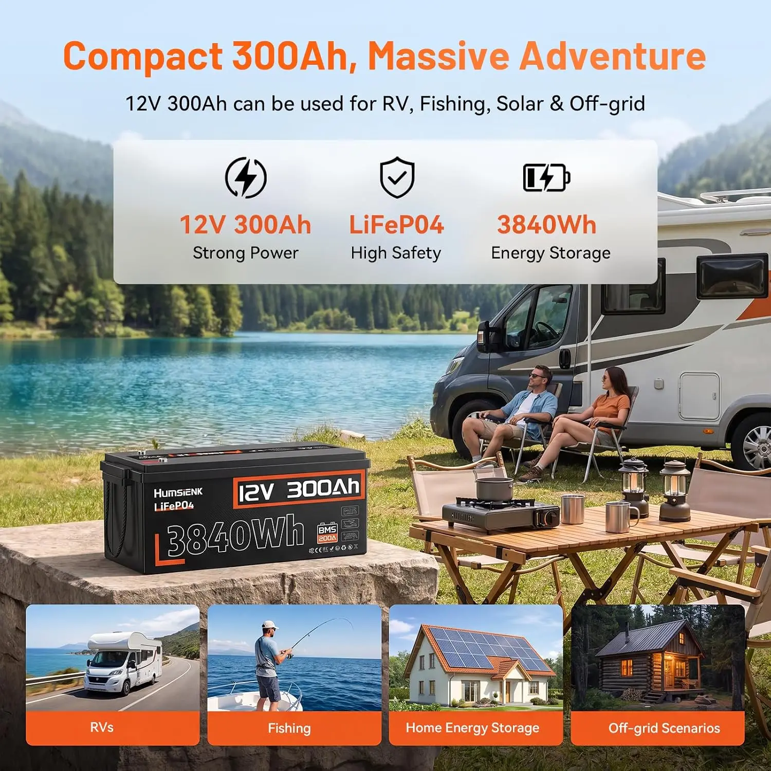 12V 300Ah LiFePO4 Lithium Iron Phosphate Battery 3840Wh Deep Cycle Solar RV Marine Off-Grid Power Storage, Customized