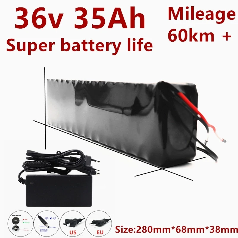 Batería de 36V y 35000mAh para bicicleta eléctrica, paquete de batería de iones de litio 18650, 500W, alta potencia y capacidad de 42V, para motocicleta y Scooter con cargador