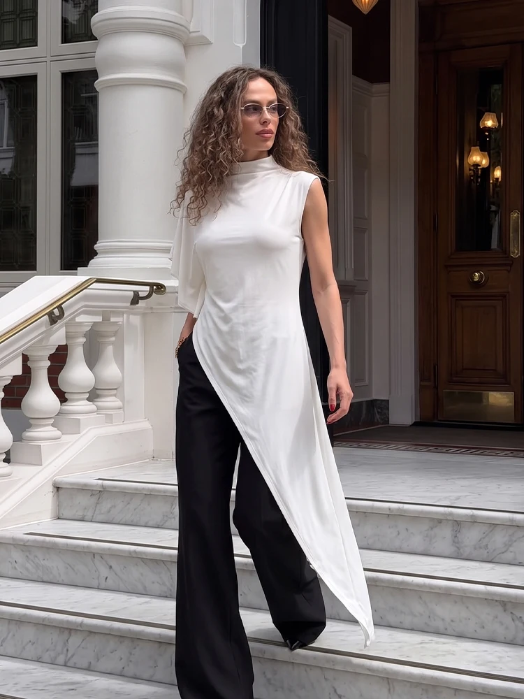HH Women Elegant Ruffled Asymmetric Tops Solid Color Y2K Style Slim Fit Extra Long T-shirt 2026 New Summer Fashion Street Wear
