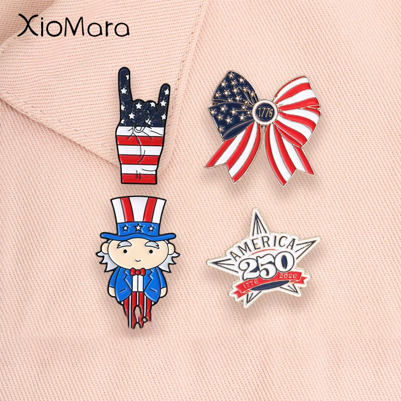 USA Independence Day Enamel Pins 1776 Flag Bowkont Rock Gesture Uncle Sam Celebrate Brooch Lapel Badges Jewelry Gifts for Friend