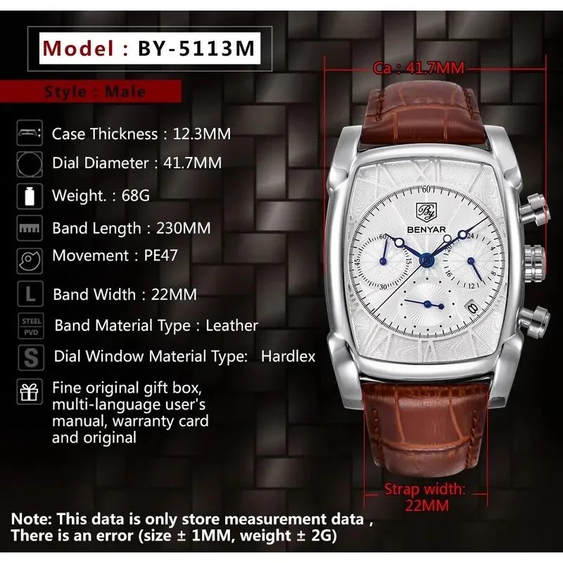 BENYAR Latest Relogio Masculino Mens Watches Top Luxury BrandChronograph Leather Quartz Watch Men Military Sport Rectangle
