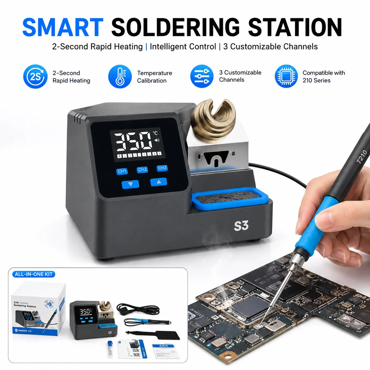SUNSHINE S3 C210 Soldering Station Intelligent Temperature Control with 3 Prese Auto Sleep Compatible with 210 Series  Weld Tip