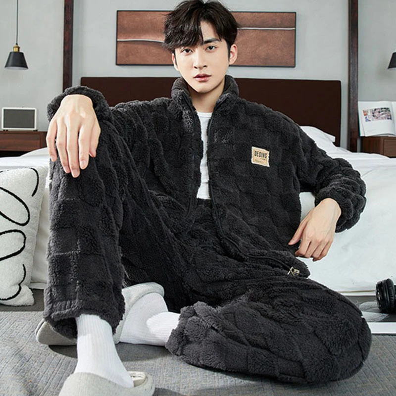 Long Plush Men\'s Pajamas Plaid Flannel Pyjama Pants 2 Piece Home Wear Man Velvet Thickened Sleepwear Zipper Pj Autumn And Winter