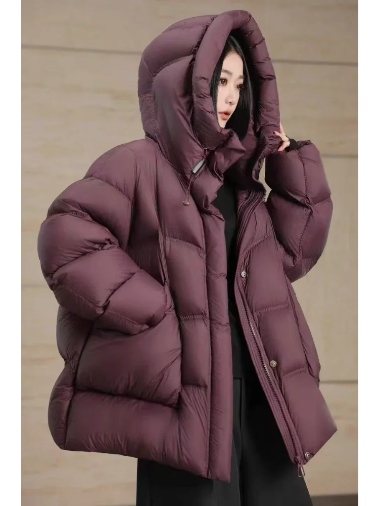 Puff para baixo jaqueta de inverno feminina acolchoada novo outerwear com capuz versátil solto estofamento engrossado pato branco para baixo casaco