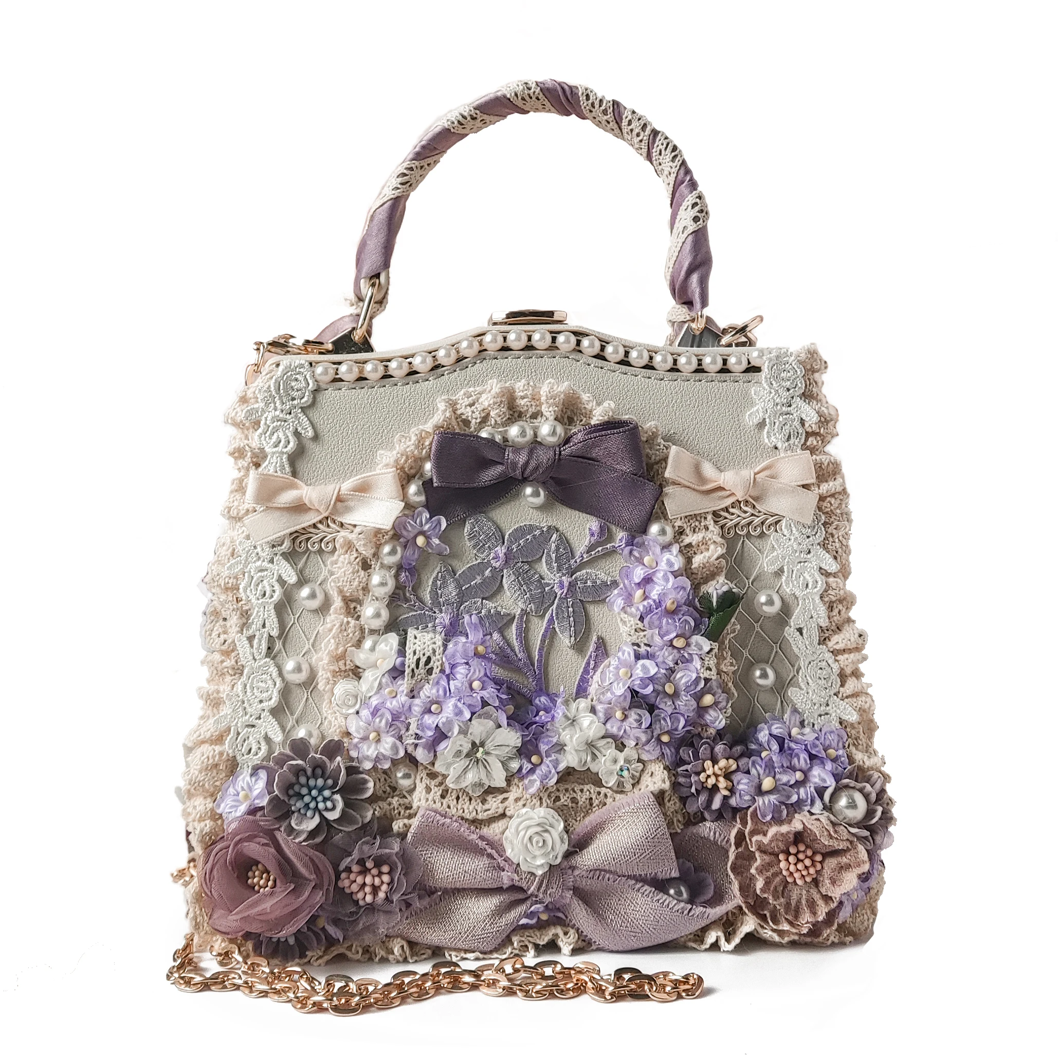 Women Girl Lolita Handbags Satchels Flowers Imitation Pearl Shoulder Bag Crossbody Chain Bags Luxury Lace Ribbon Purple Color