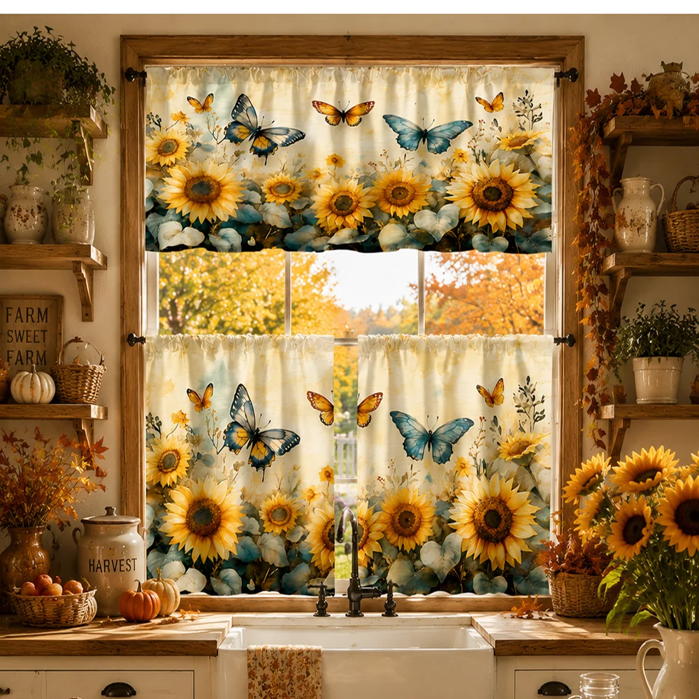 Printed Kitchen Curtain Set, Sunflower Butterfly, Farmhouse Style, Valance and Short Curtains, Cute Kitchen Window Decor
