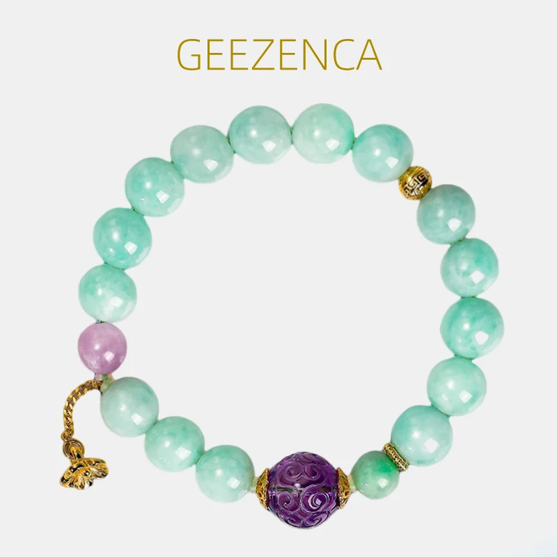 

GEEZENCA Natural 10mm Jadeite Strand Bracelet Women Amethyst Spodumene Vintage Luxury Handmade Rope Beaded Bracelets 2023 New