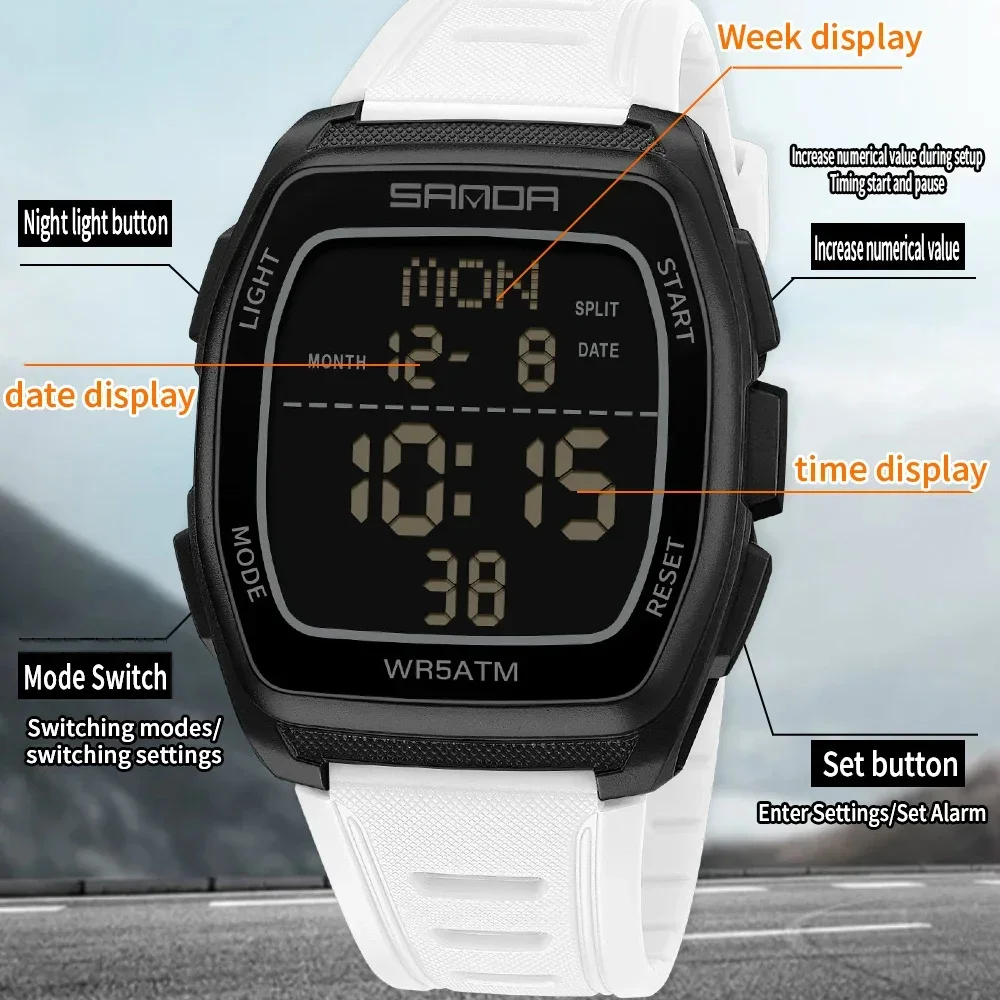 SANDA Fashion Student Electronic Digital Watch Sports Multi Functional Waterproof Student Electronic Watch Timing Alarm Clock