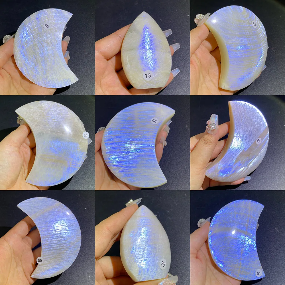 Natural Blue Flash Moonstone Carved Crescent Moon Slab Polished Gemstone Mineral Specimen Home Collection Decor Gift
