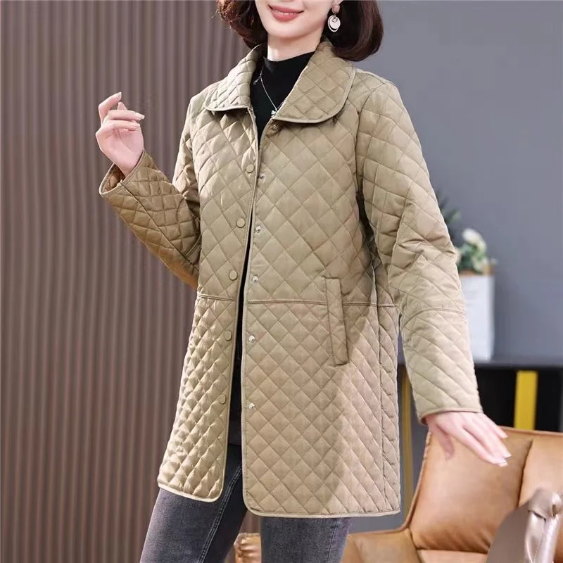 Women\'s Spring Autumn New Casual Light Thin Small Cotton Coat High End Diamond Plaid Cotton Jacket 6XL Female Leisure Outwear