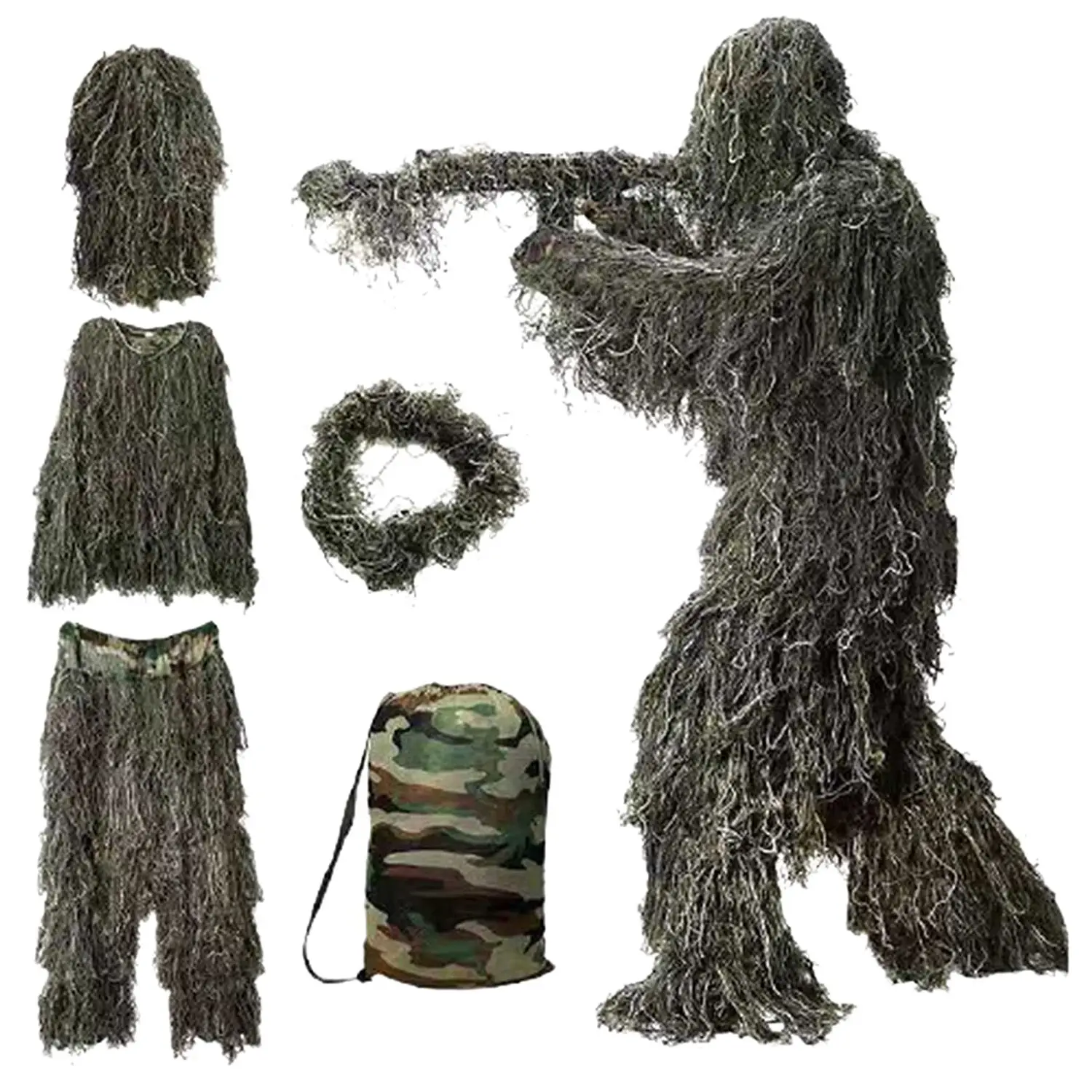 5 in 1 Ghillie Suit,3D Camouflage Outdoor Hunting Apparel Including Jacket,Pants,Hood,Carry Bag for Adults Kids Youth