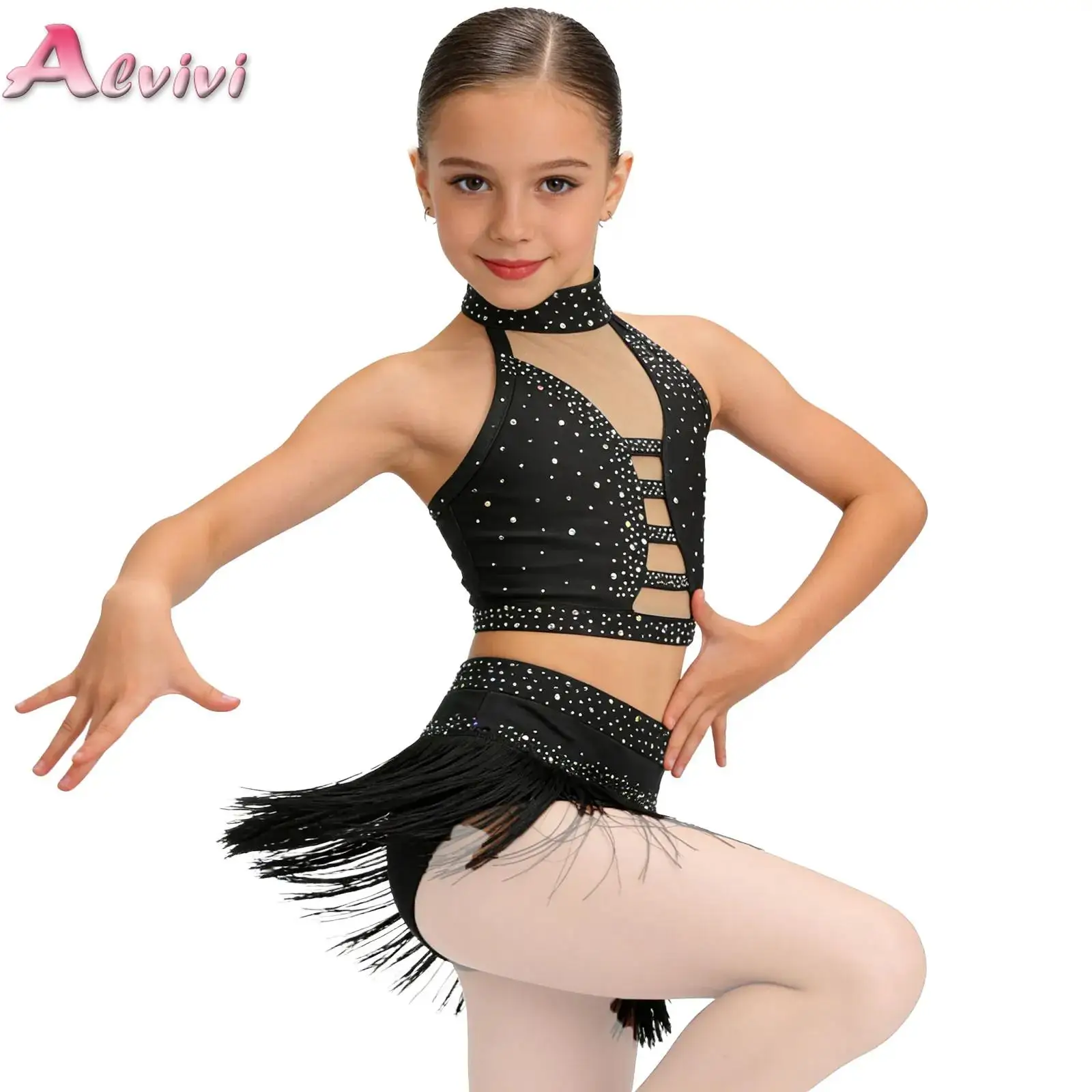 

Kids Girls Latin Dance Tassel Set Fringed Outfits Samba Salsa Dance Competition Stage Performance Costumes Cropped Top and Skirt