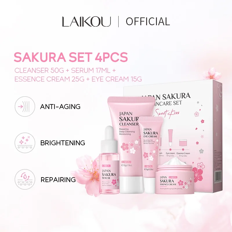 LAIKOU Sakura 4pcs/Set Skin Rejuvenating Serum Lighten Blemishes Moisturizer Fade Dark Circle Eye Cream