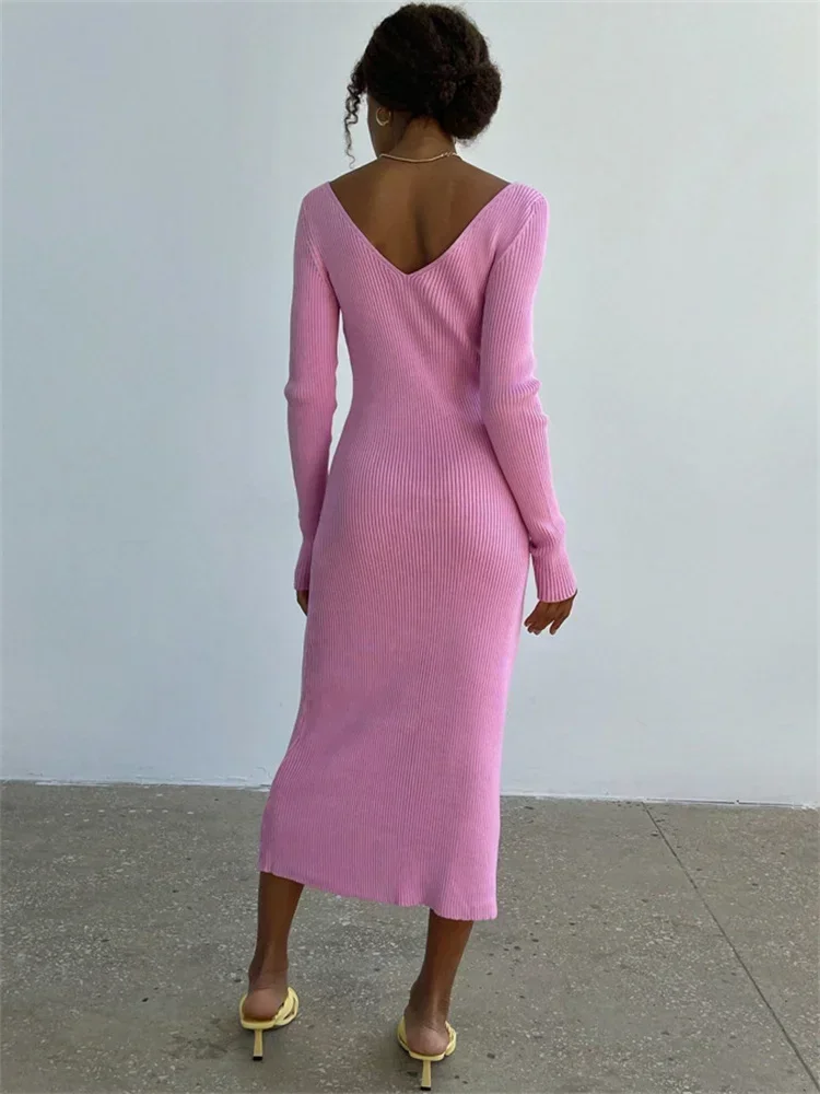 V-Neck Knit Slim Long Dress For Women Ribbed Fashion High Waist Long Sleeve Elegant Knitwear Dress Loose Ladies Maxi Dress