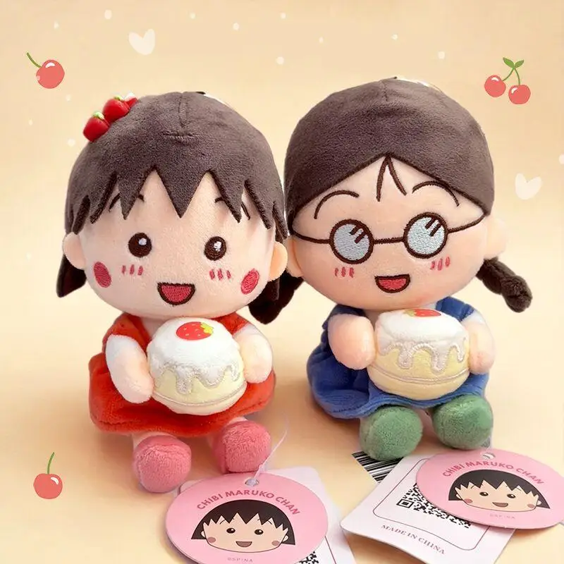 genuine-anime-chibi-maruko-chan-hug-strawberry-cake-plaid-skirt-plush-toy-keychain-backpack-decoration-pendant-friend's-gift